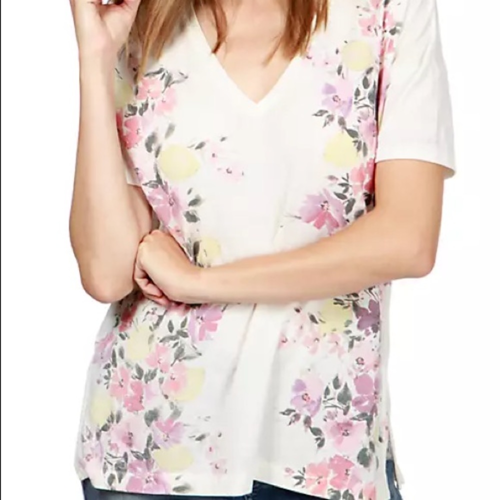 LUCKY BRAND Cream Floral V-Neck Graphic Tee Shirt